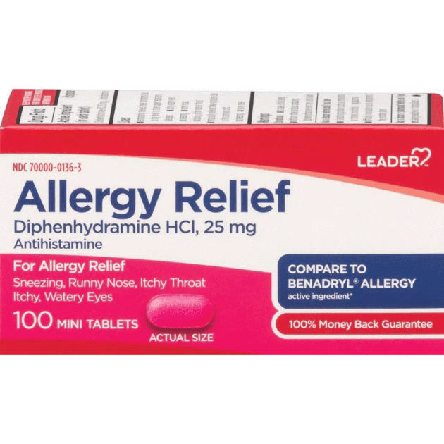 Leader Allergy Relief Diphenhydramine 25mg Mini Tablets - Antihistamine