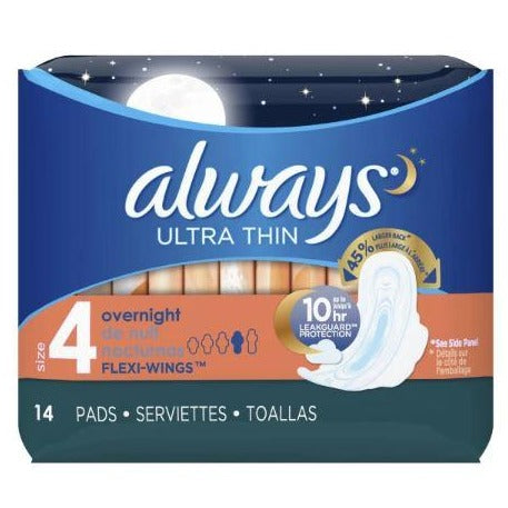 Always Ultra Thin Overnight Pads with Flexi-Wings - Size 4, 14 Count –  Solace Pharmacy & Wellness Shop
