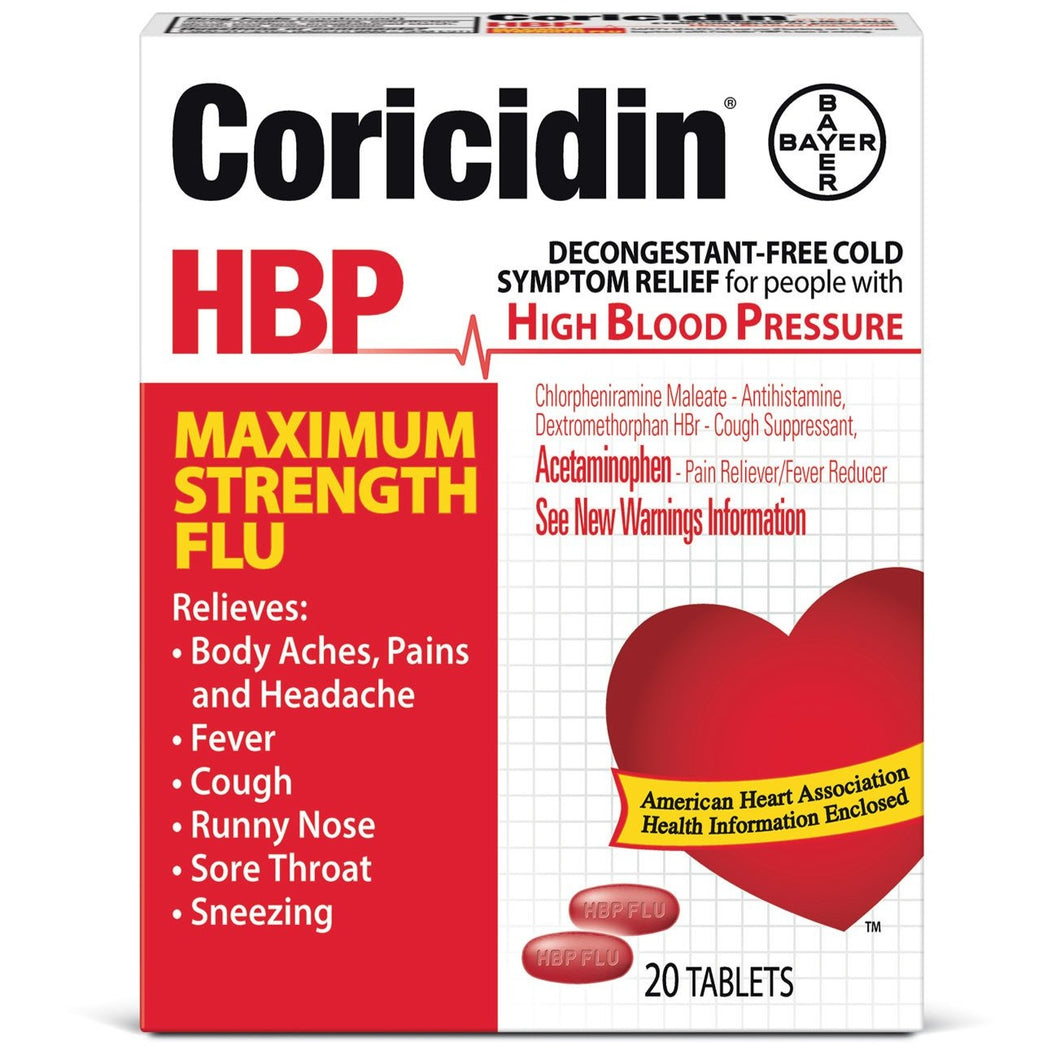 Coricidin HBP Maximum Strength Flu Relief for People with High Blood Pressure - 20 Tablets