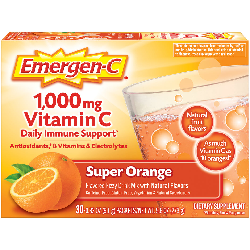 Emergen-C 1000mg Vitamin C Daily Immune Support Drink, Super Orange - 30 Pack